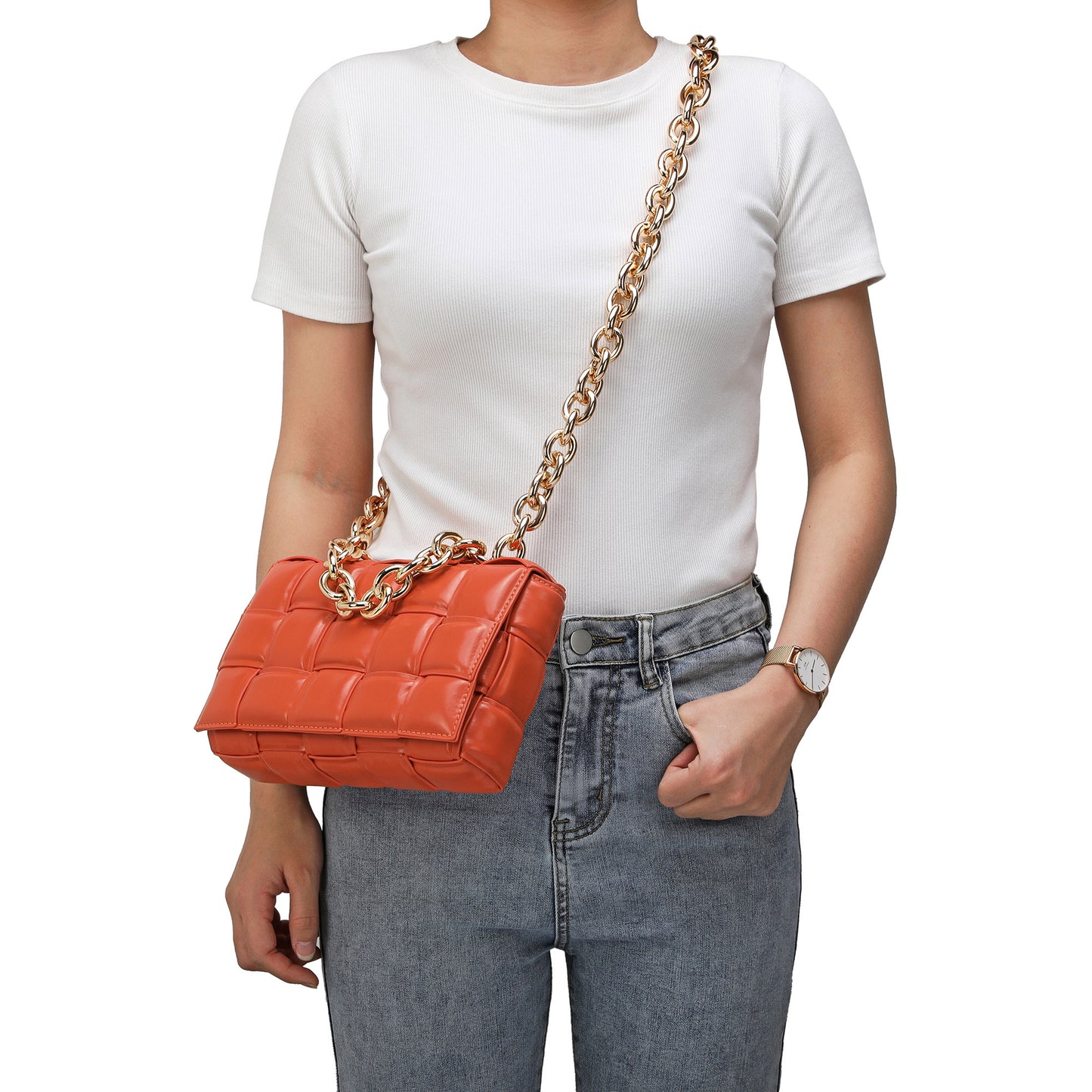 Full-Grain Woven Lambskin Leather Shoulder Bag