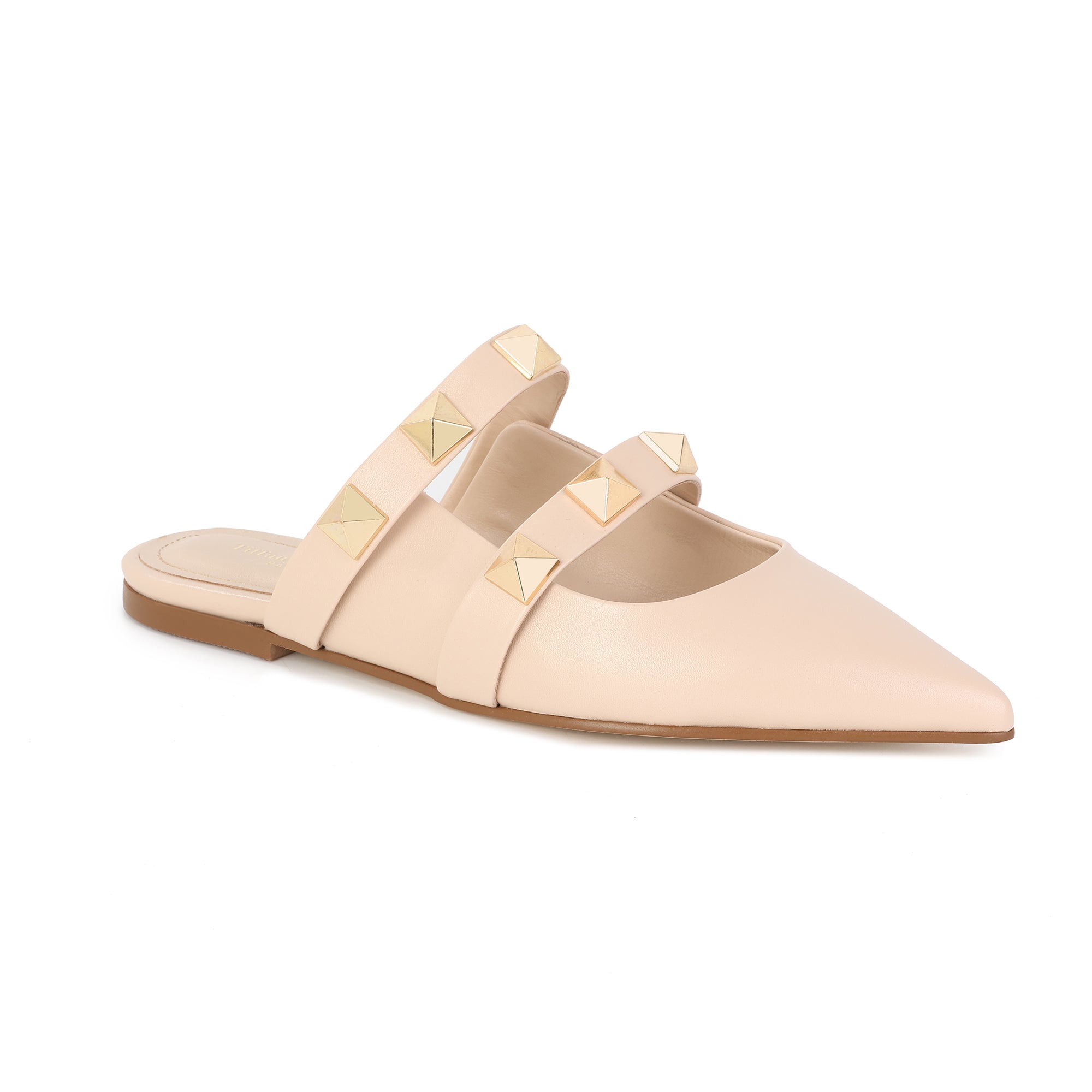 Beige Leather Mule Flats with Studded Double Strap – Tiffany