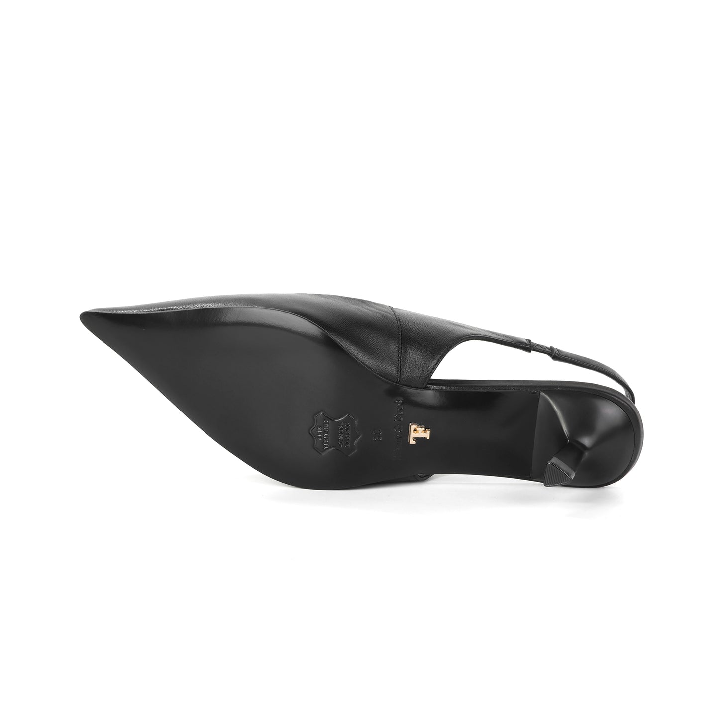Black Leather Slingback Pointed Kitten Heel with Logo Accent