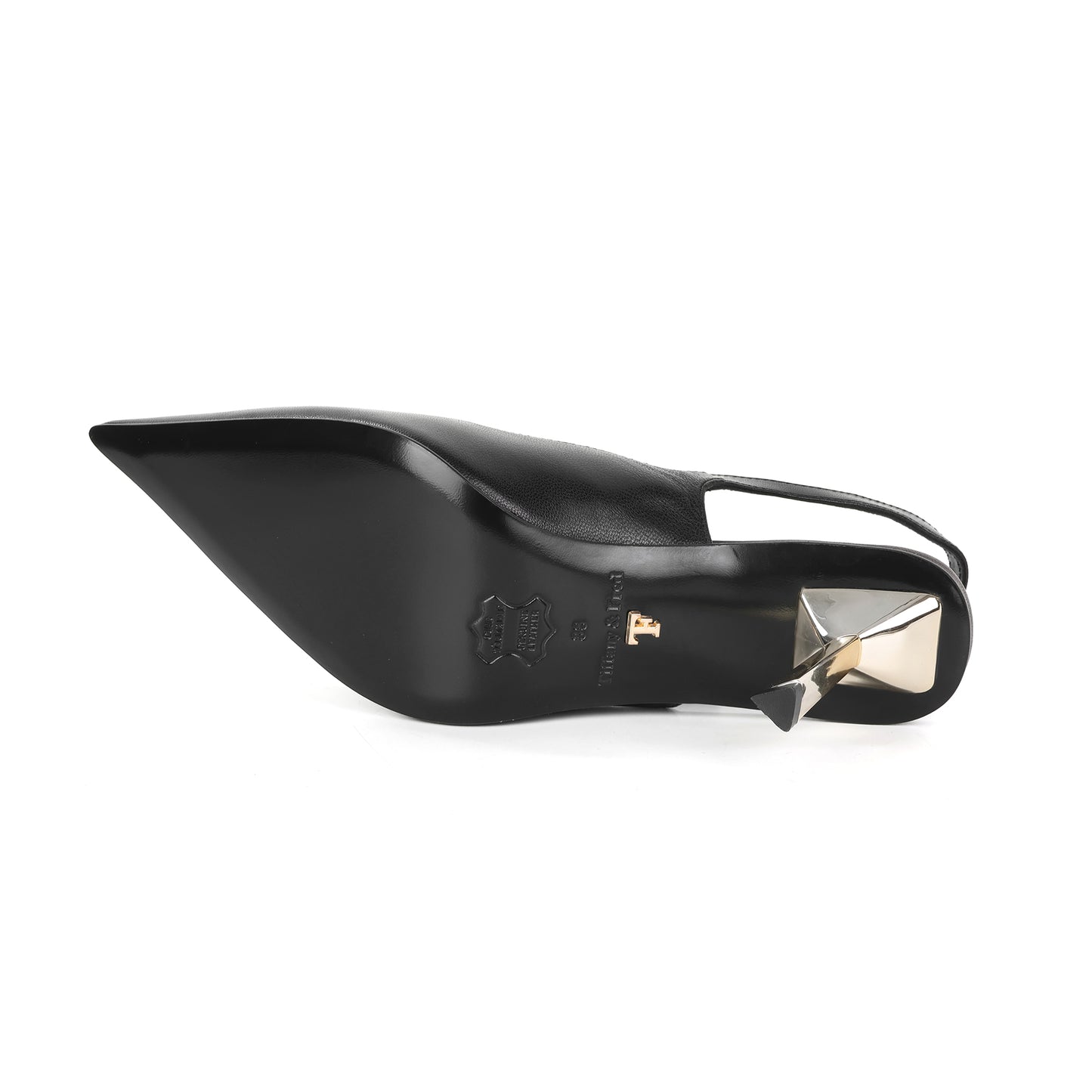 Black Leather Silhouette Slingback Pumps with Logo Accent