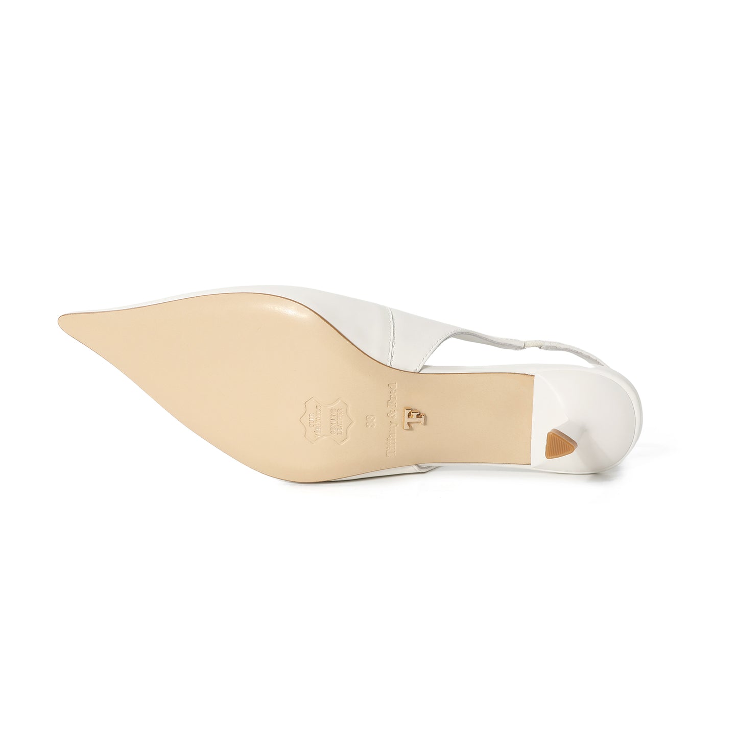 White Leather Slingback Pointed Kitten Heel with Logo Accent