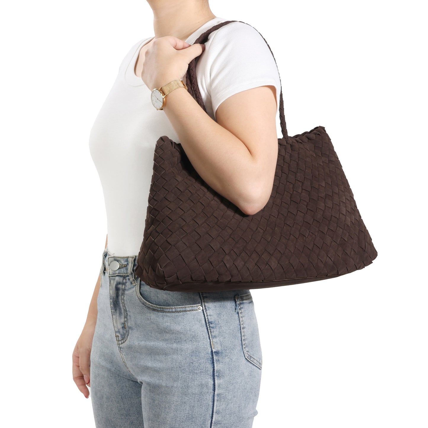 Woven Suede Shoulder Tote with Drawstring Detail