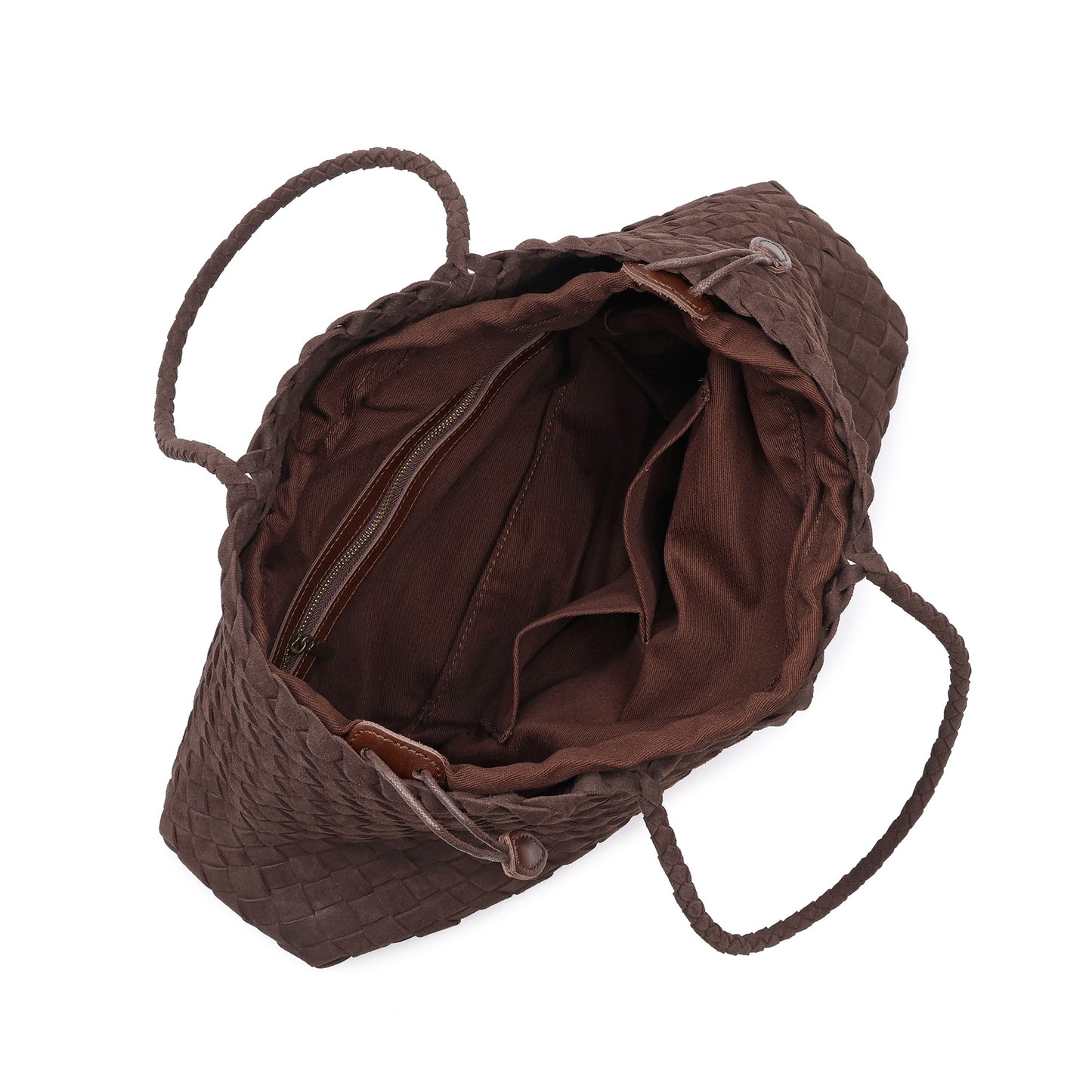 Woven Suede Shoulder Tote with Drawstring Detail
