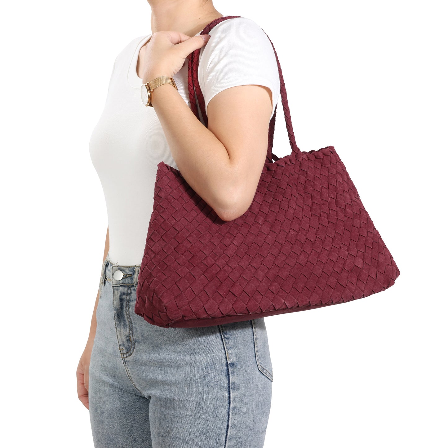 Woven Suede Shoulder Tote with Drawstring Detail