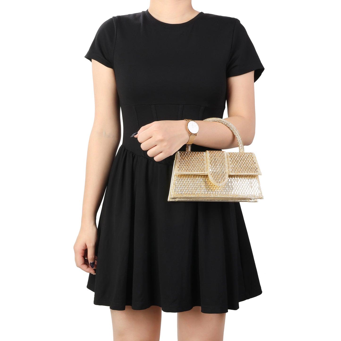 Crystal Embellished Structured Top Handle Evening Bag