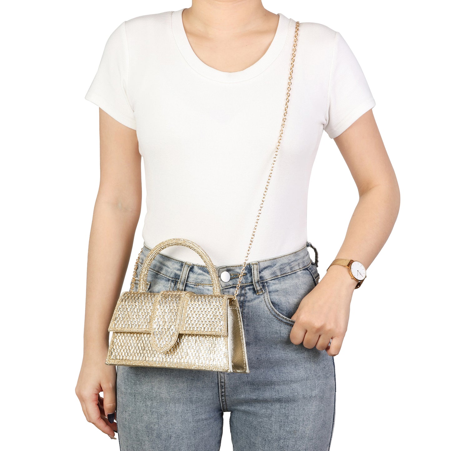 Crystal Embellished Structured Top Handle Evening Bag