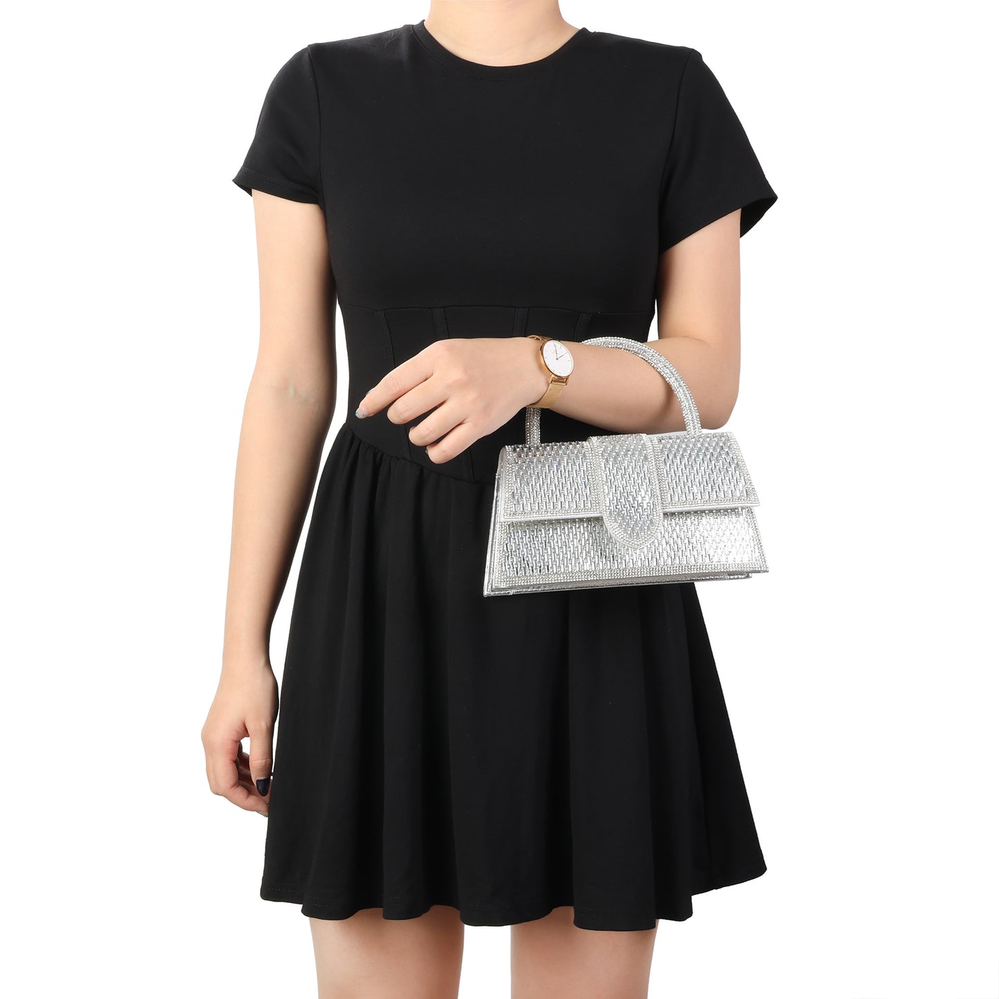 Crystal Embellished Structured Top Handle Evening Bag