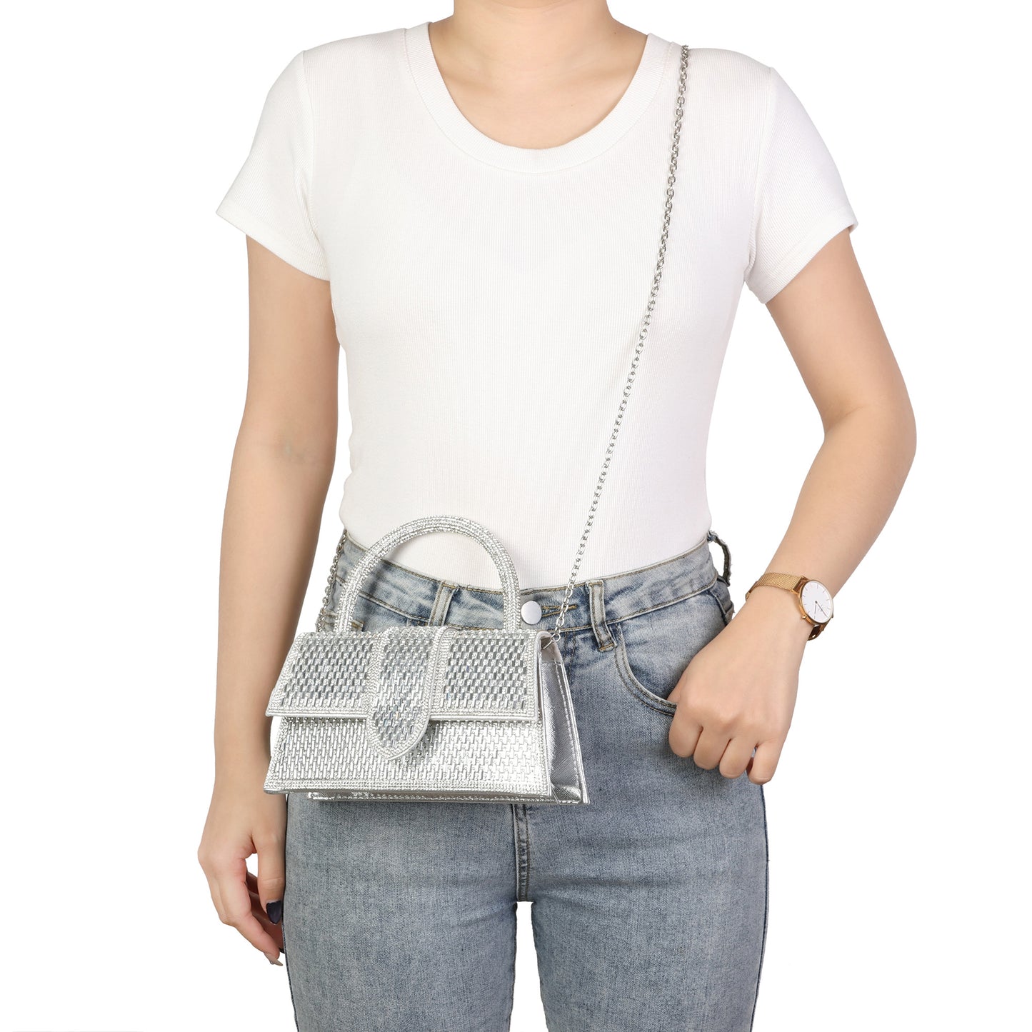 Crystal Embellished Structured Top Handle Evening Bag