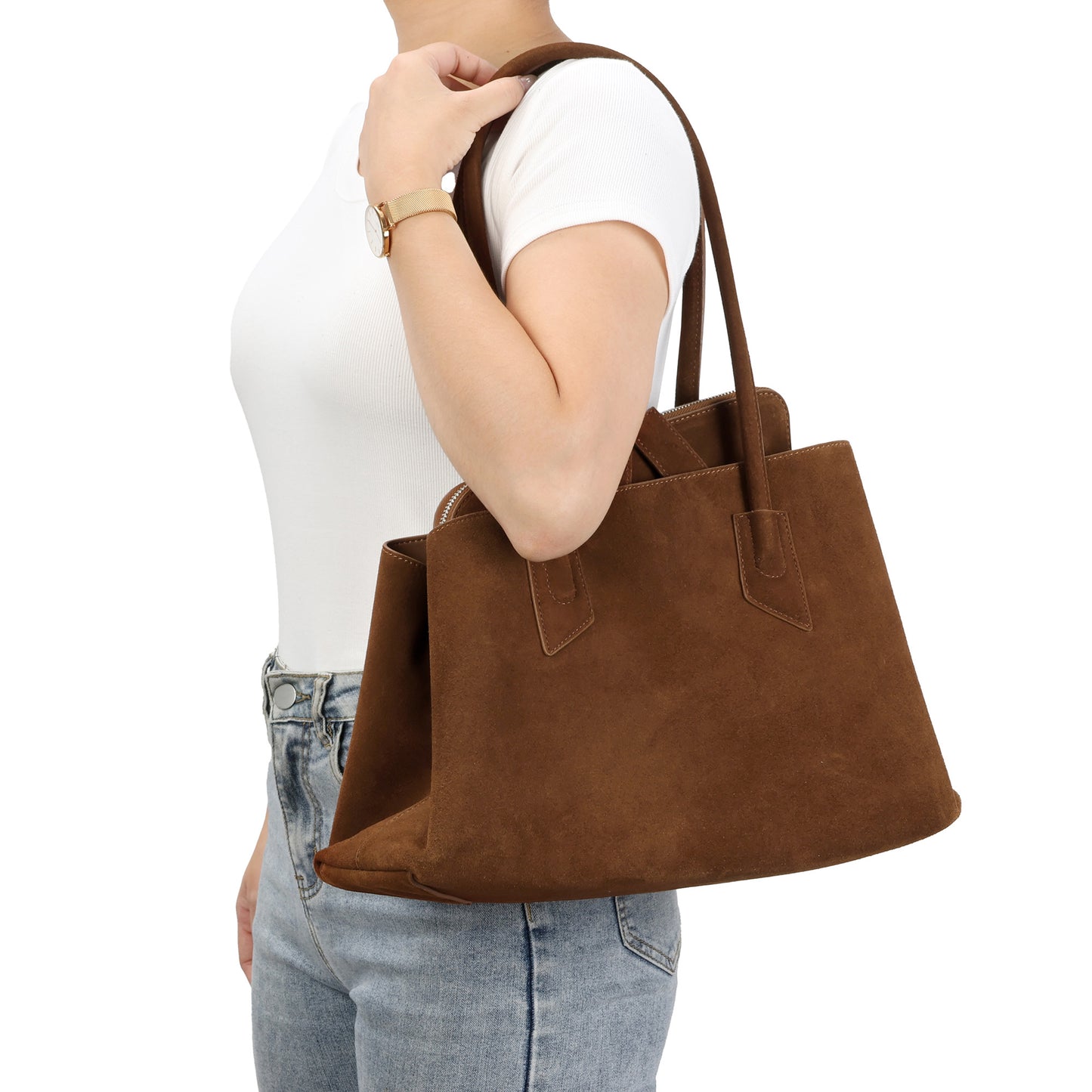 Suede Leather Structured Tote Bag with Dual Compartments