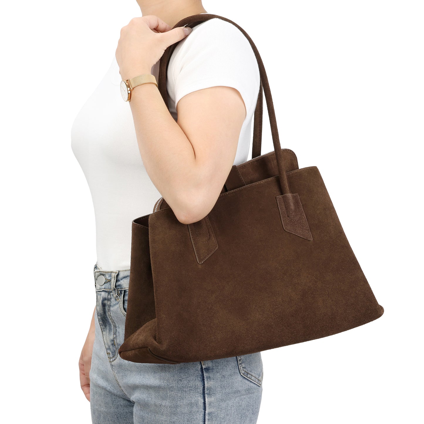 Suede Leather Structured Tote Bag with Dual Compartments