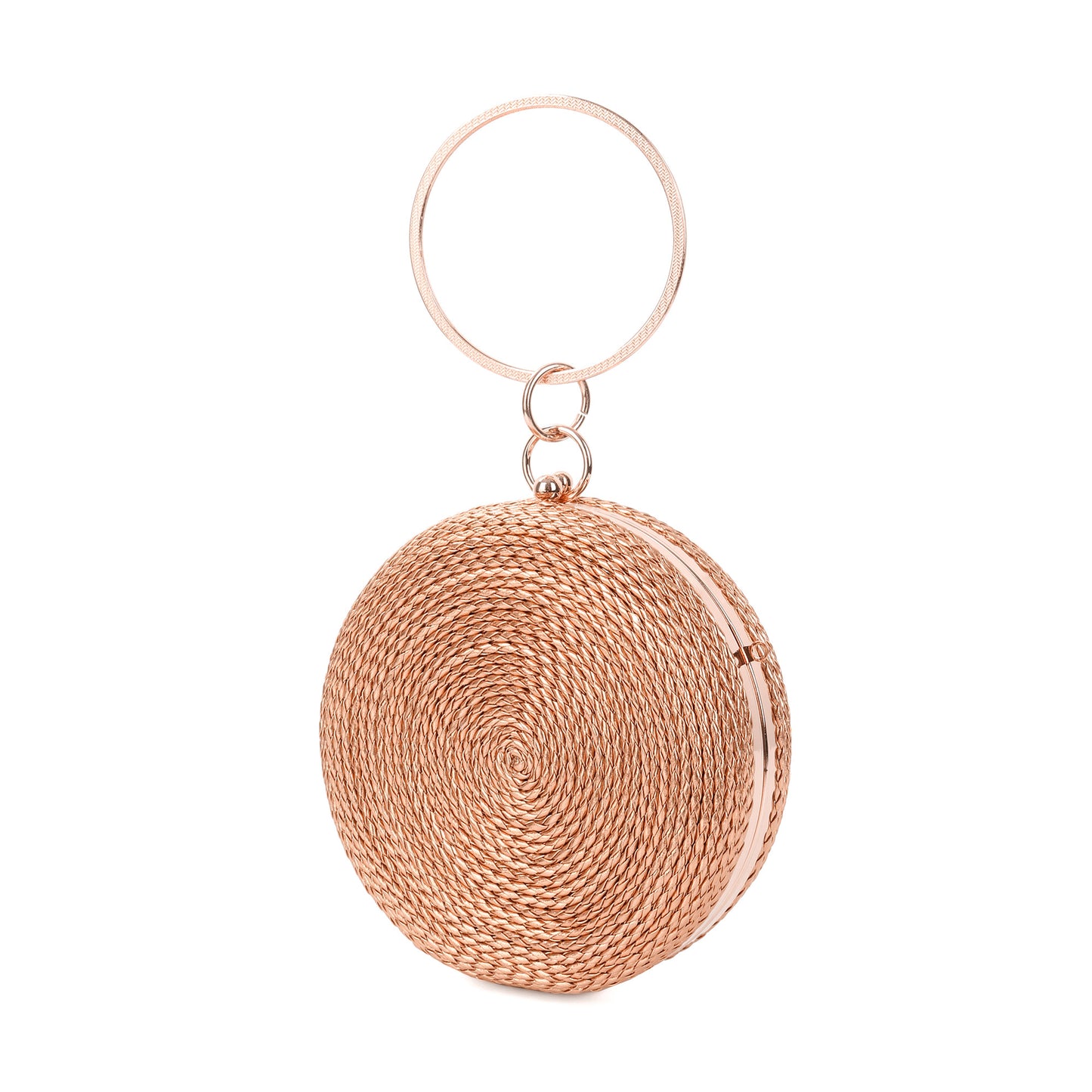 Round Woven Metallic Clutch with Crystal Ring Handle