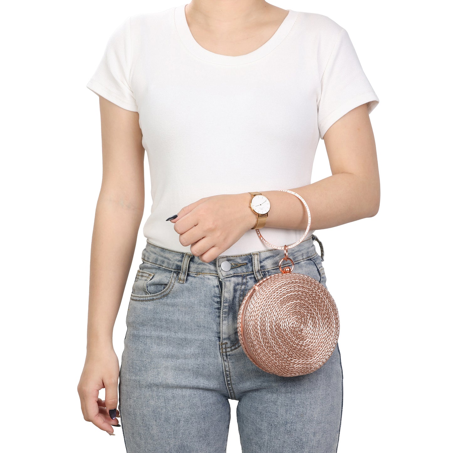 Round Woven Metallic Clutch with Crystal Ring Handle