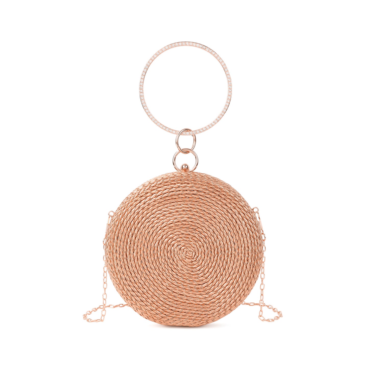 Round Woven Metallic Clutch with Crystal Ring Handle