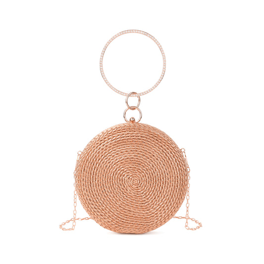 Round Woven Metallic Clutch with Crystal Ring Handle