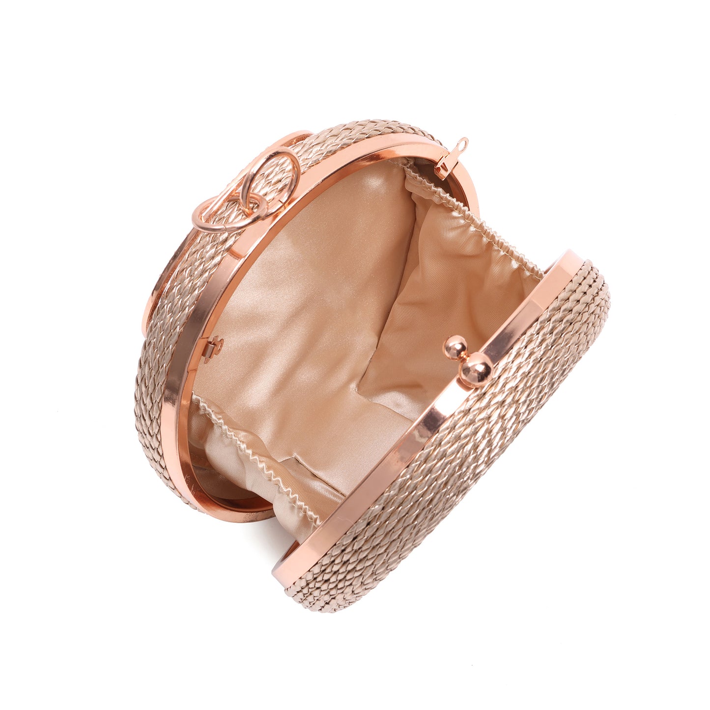 Round Woven Metallic Clutch with Crystal Ring Handle