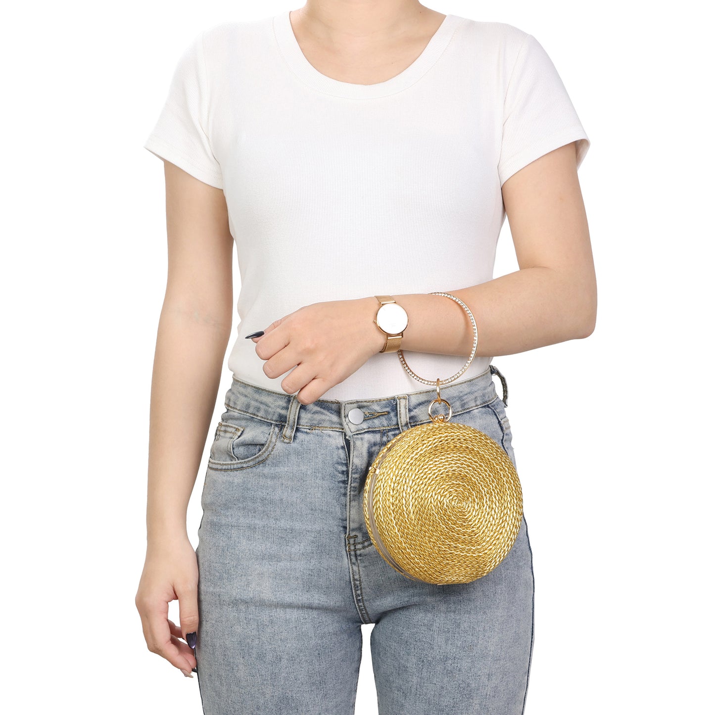 Round Woven Metallic Clutch with Crystal Ring Handle
