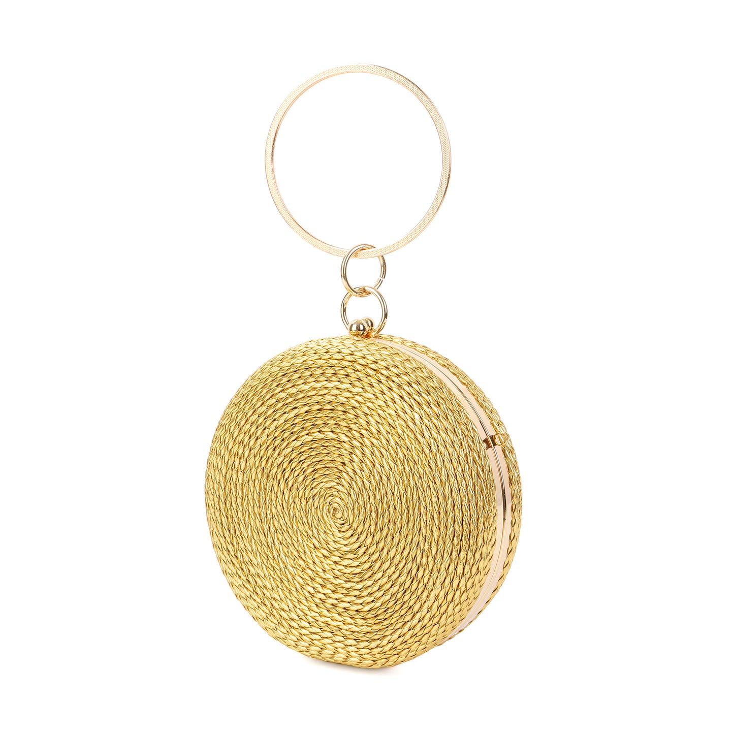 Round Woven Metallic Clutch with Crystal Ring Handle