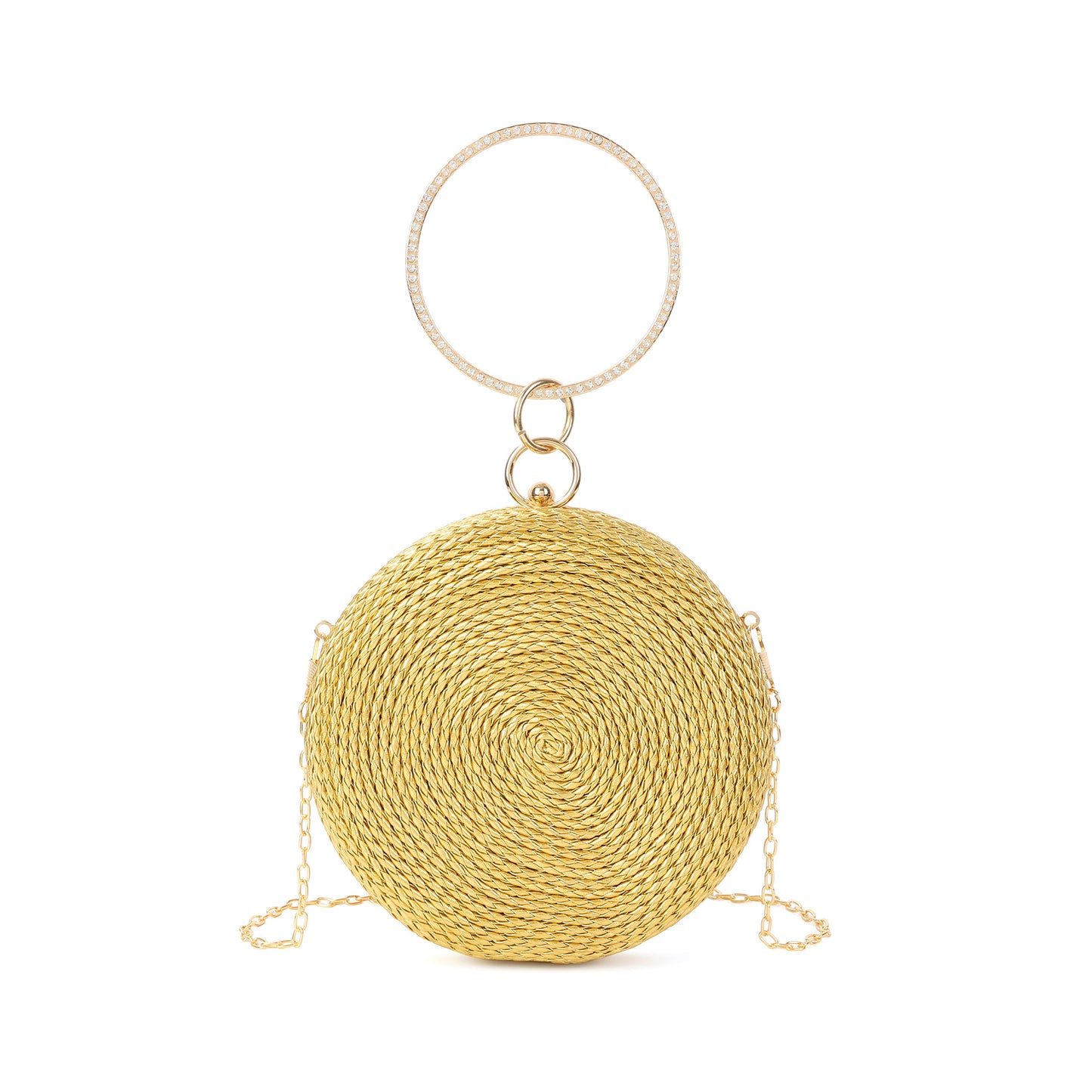 Round Woven Metallic Clutch with Crystal Ring Handle