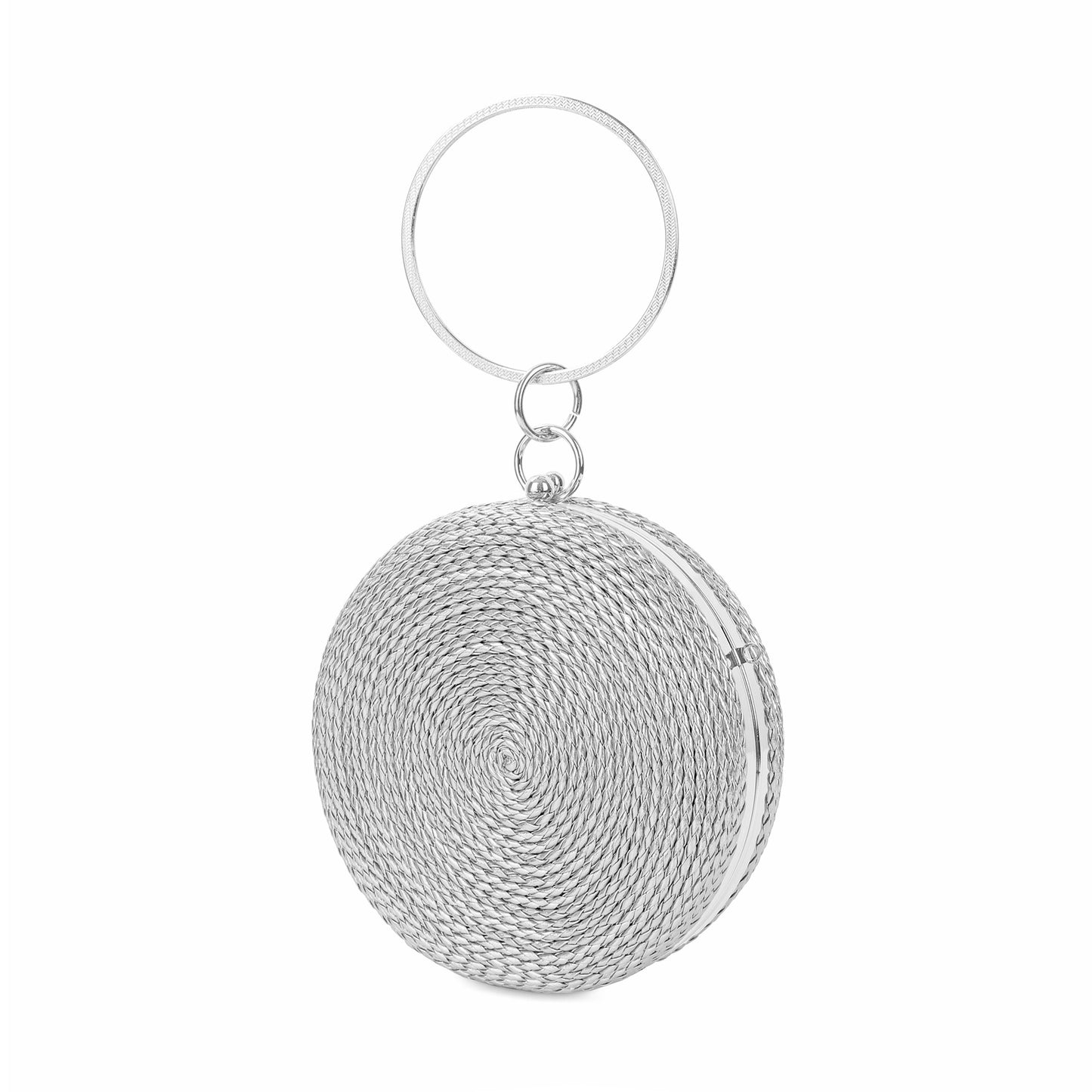 Round Woven Metallic Clutch with Crystal Ring Handle
