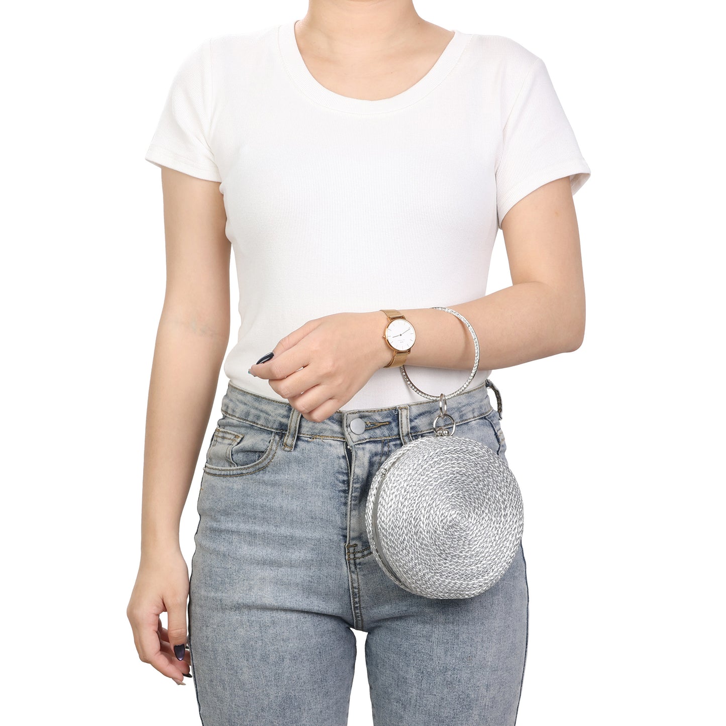 Round Woven Metallic Clutch with Crystal Ring Handle