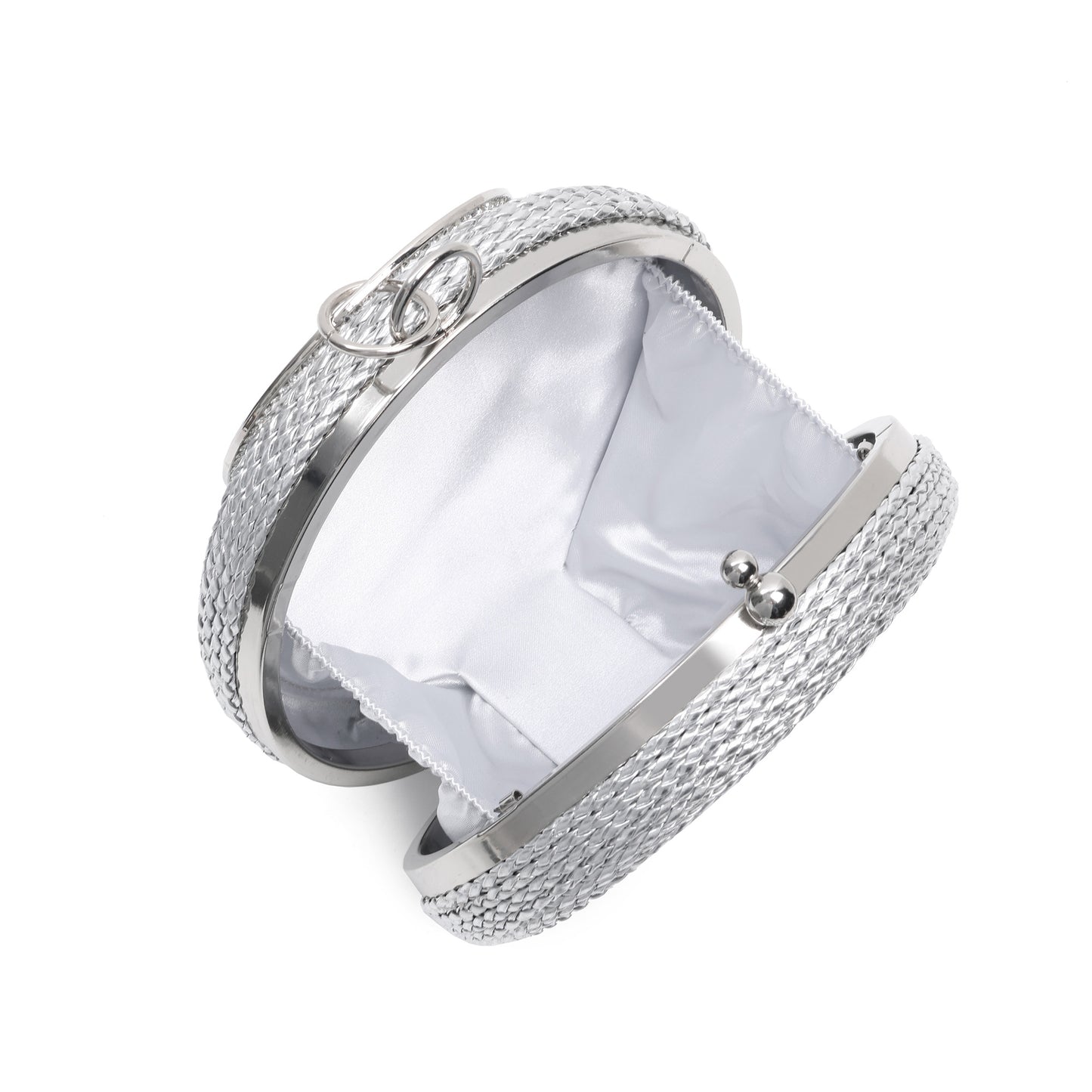 Round Woven Metallic Clutch with Crystal Ring Handle