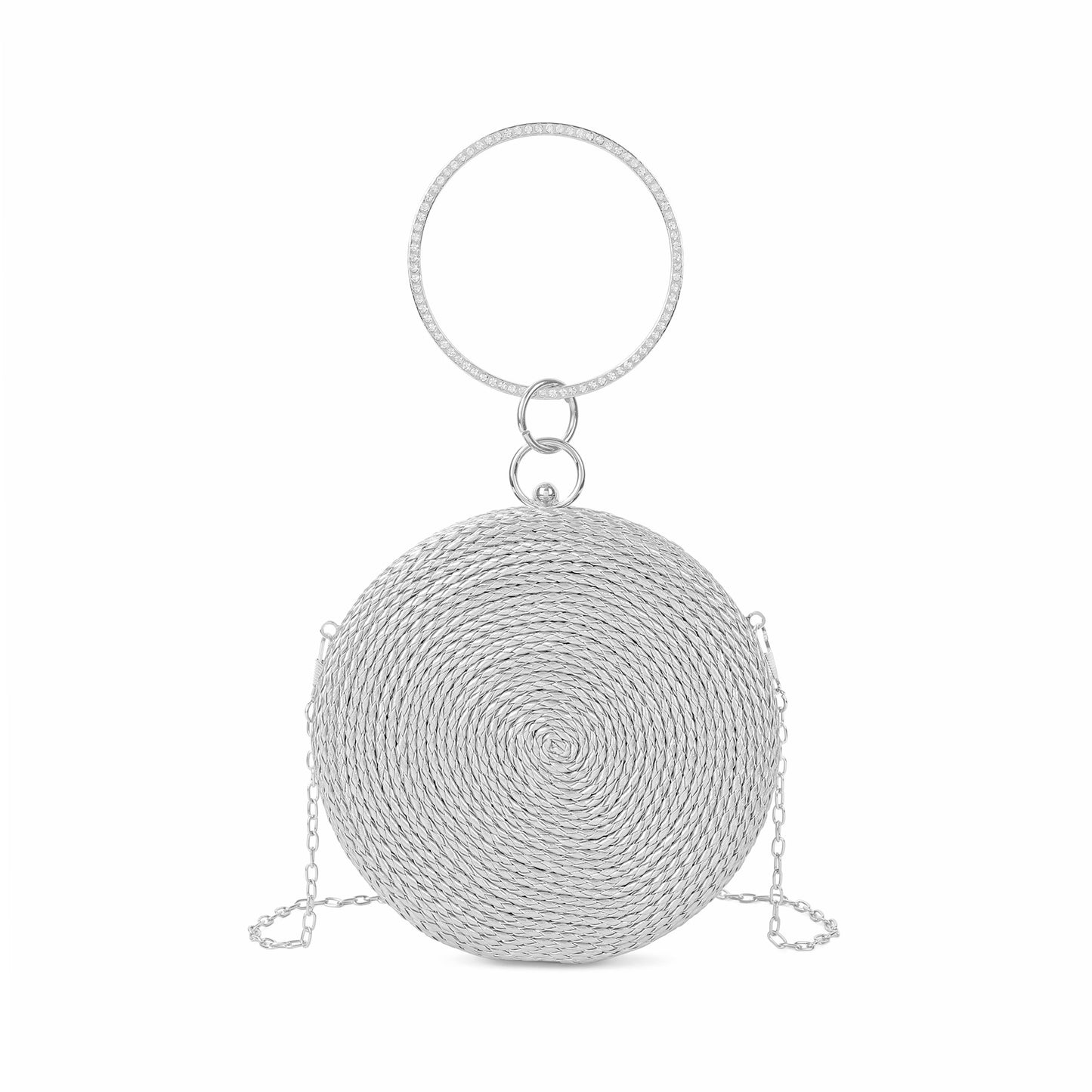 Round Woven Metallic Clutch with Crystal Ring Handle