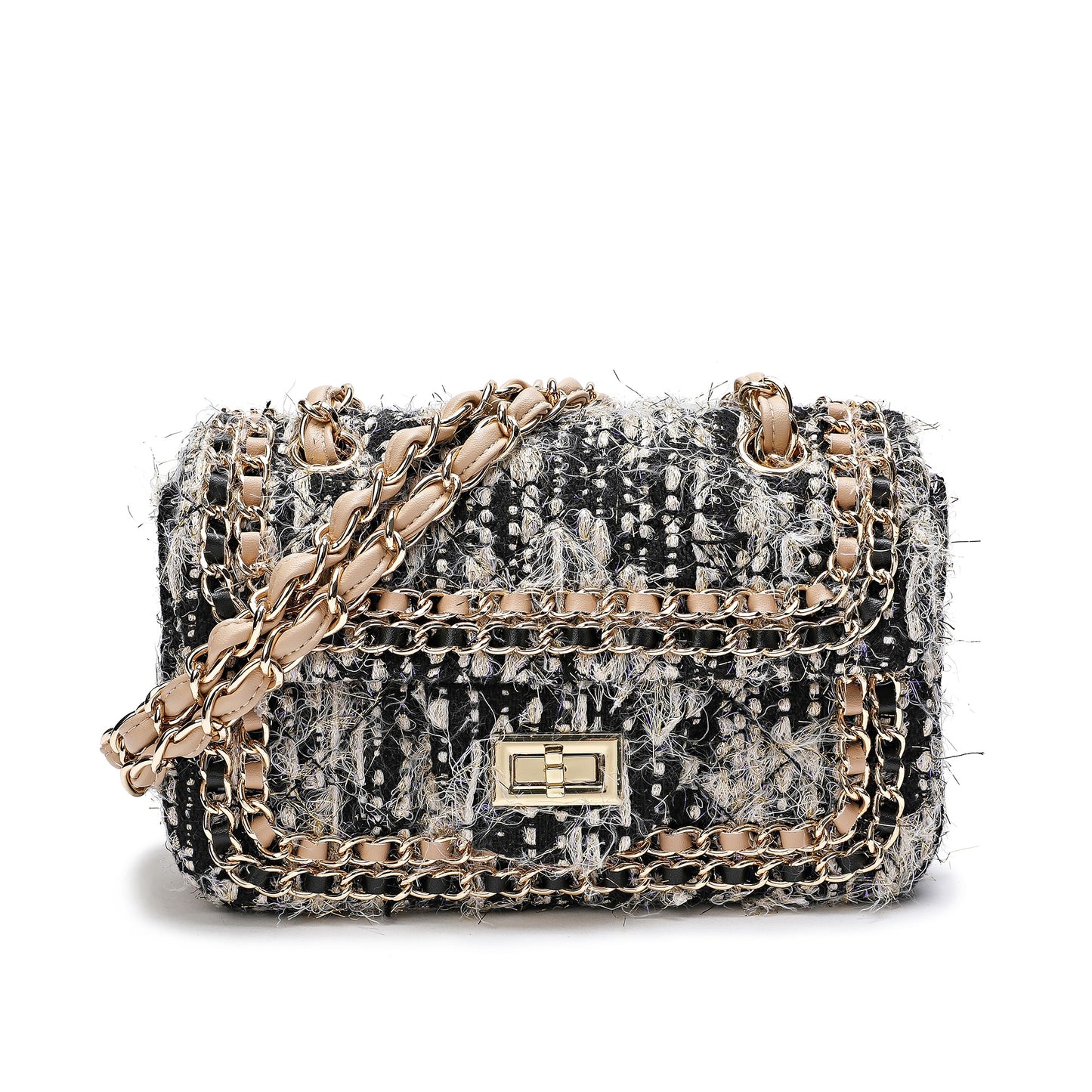 Leather Chain Trimmed Tweed Shoulder Bag