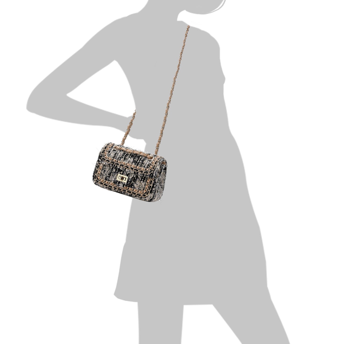 Leather Chain Trimmed Tweed Shoulder Bag