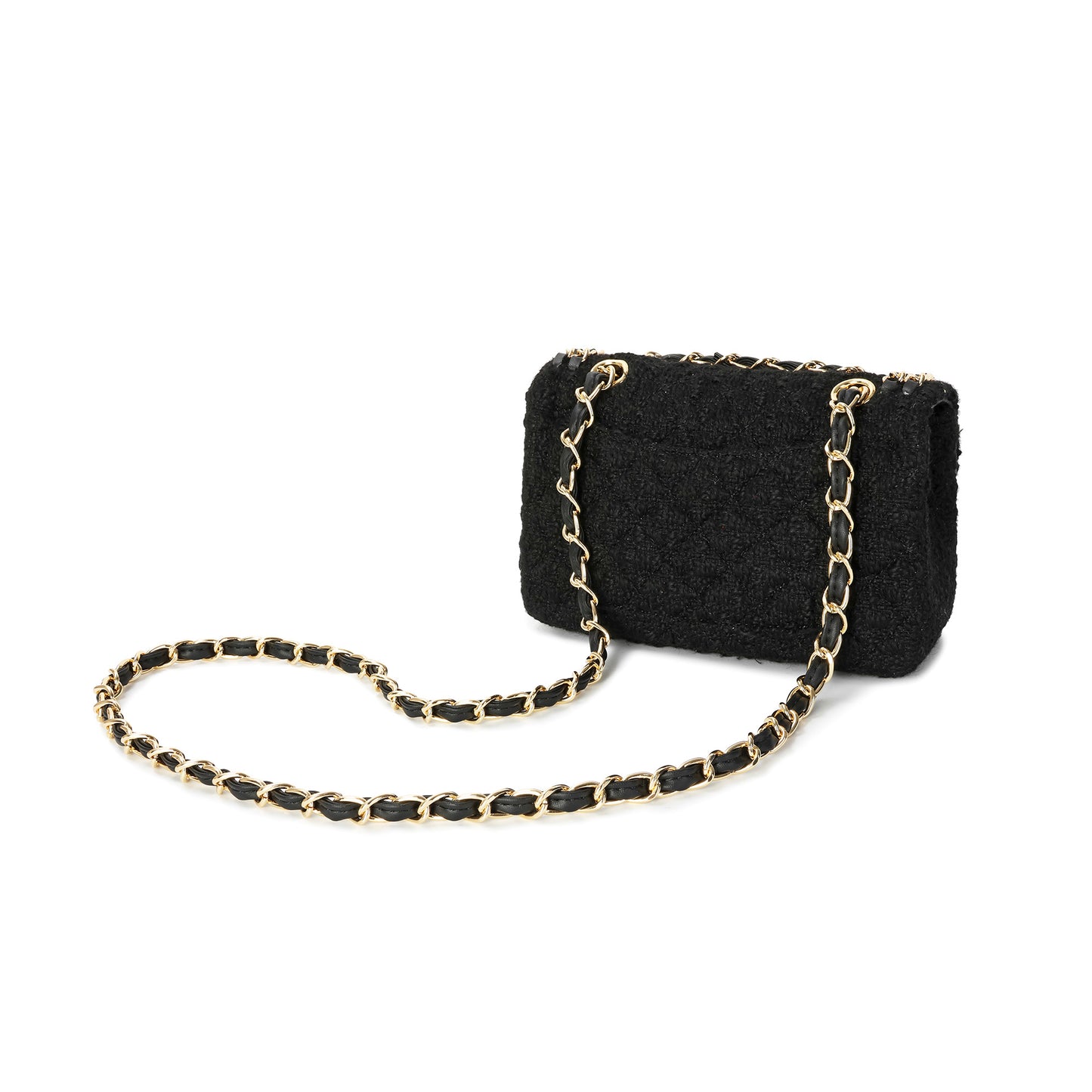 Leather Chain Trimmed Tweed Shoulder Bag