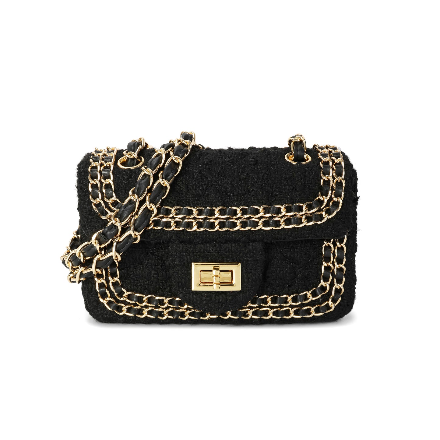 Leather Chain Trimmed Tweed Shoulder Bag