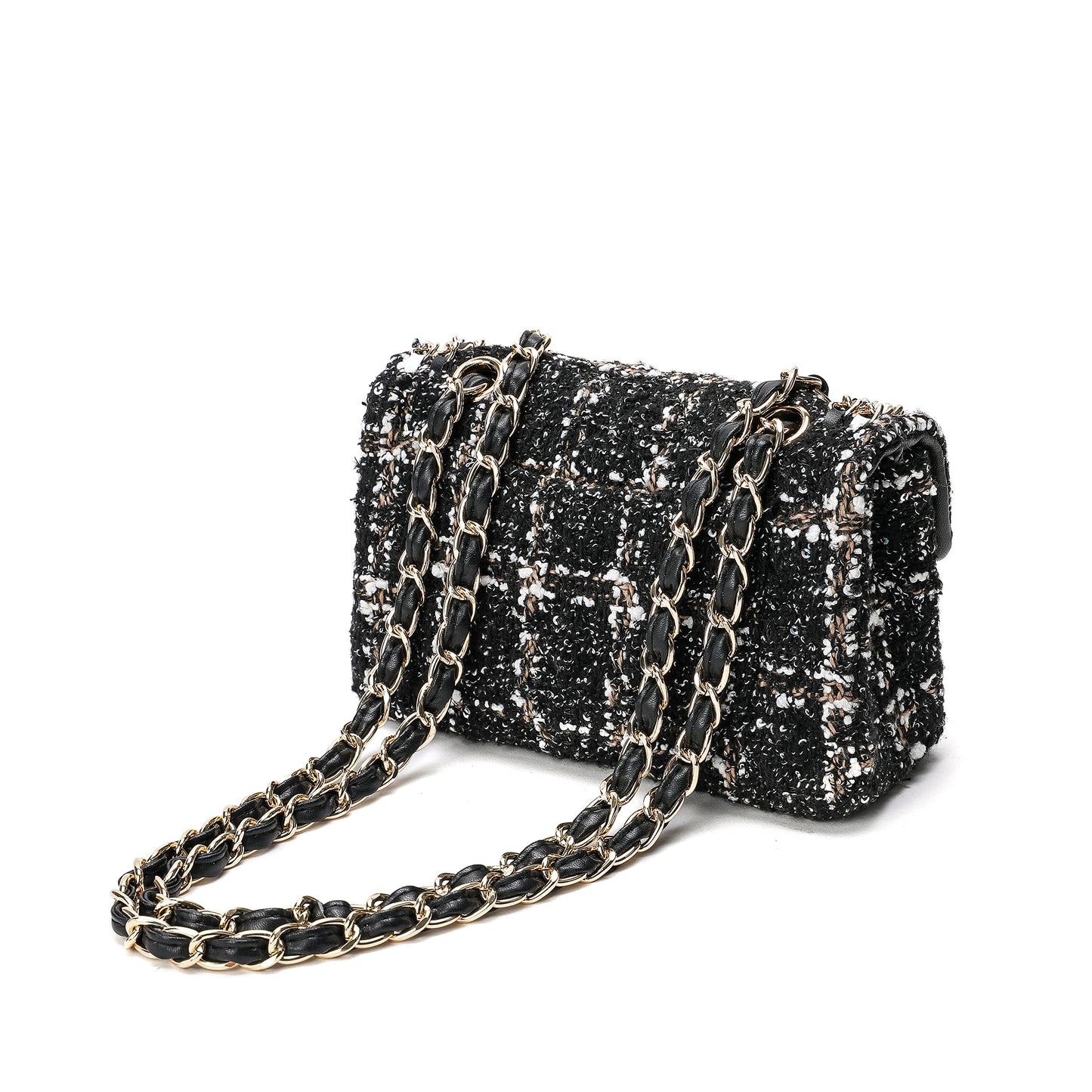 Leather Chain Trimmed Tweed Shoulder Bag