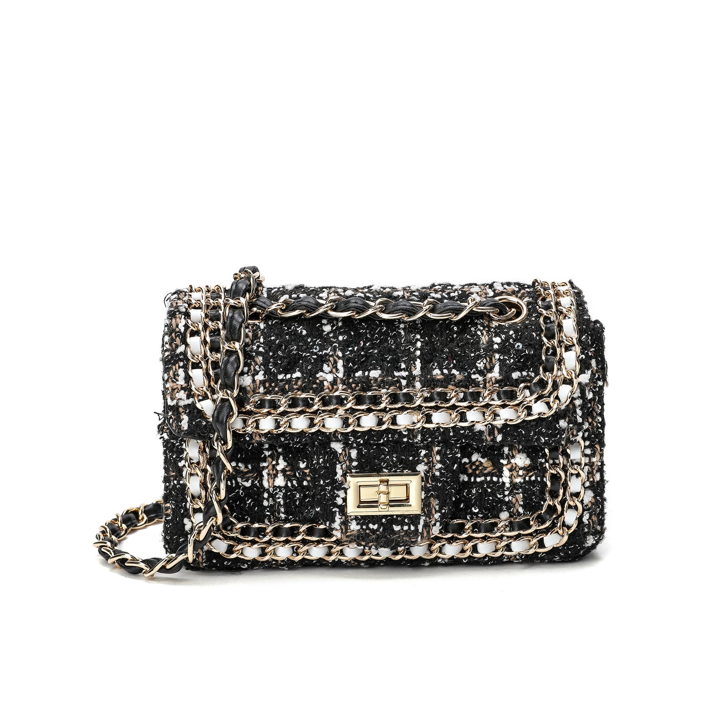 Leather Chain Trimmed Tweed Shoulder Bag