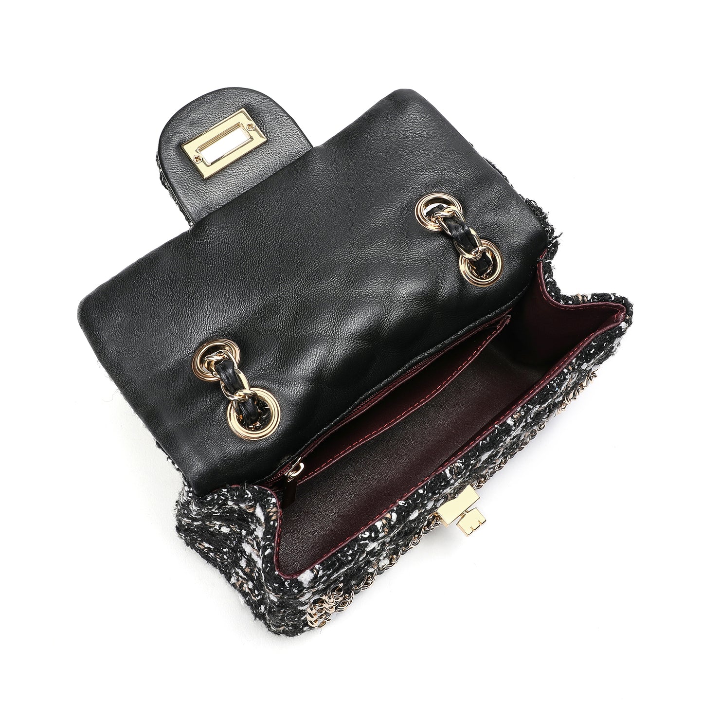 Leather Chain Trimmed Tweed Shoulder Bag