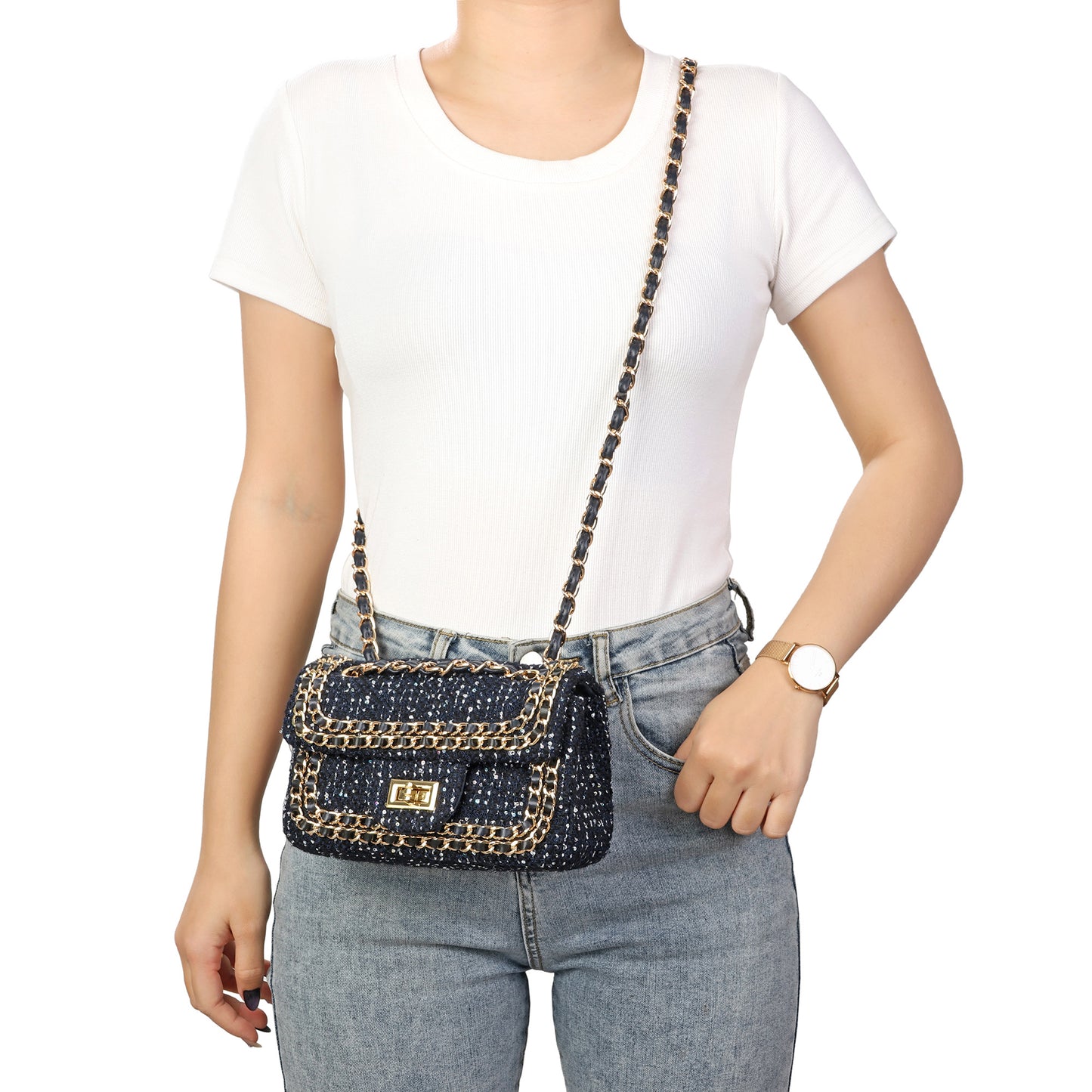 Leather Chain Trimmed Tweed Shoulder Bag