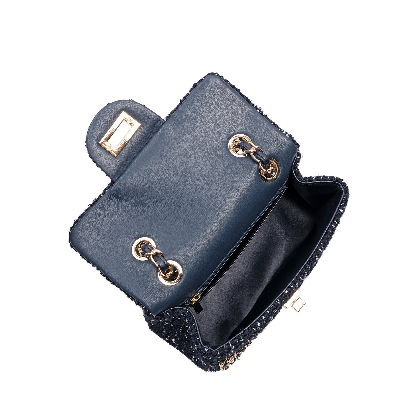 Leather Chain Trimmed Tweed Shoulder Bag