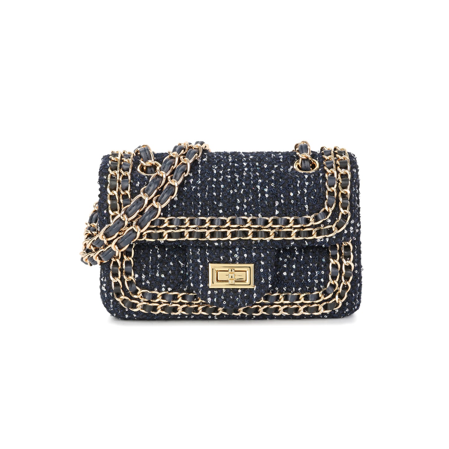 Leather Chain Trimmed Tweed Shoulder Bag