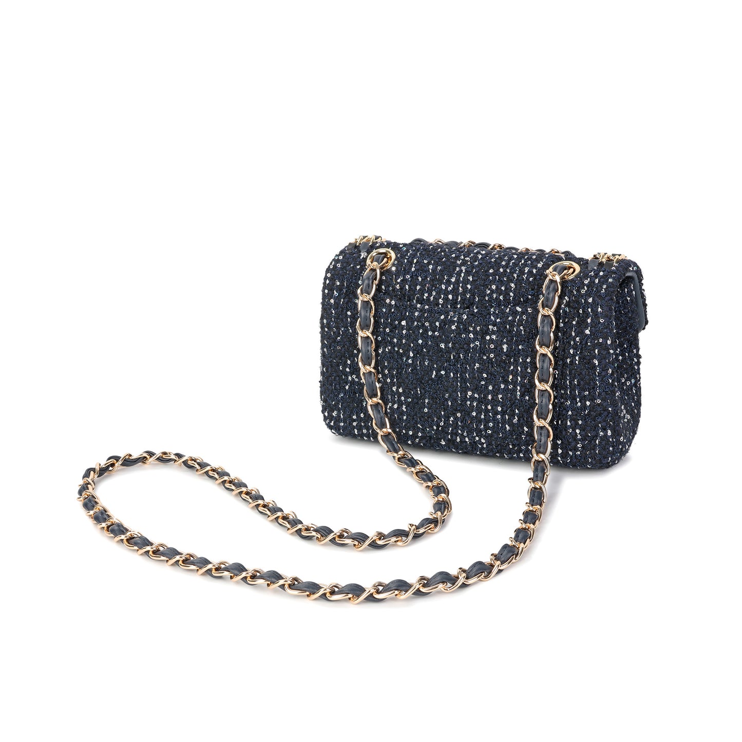 Leather Chain Trimmed Tweed Shoulder Bag