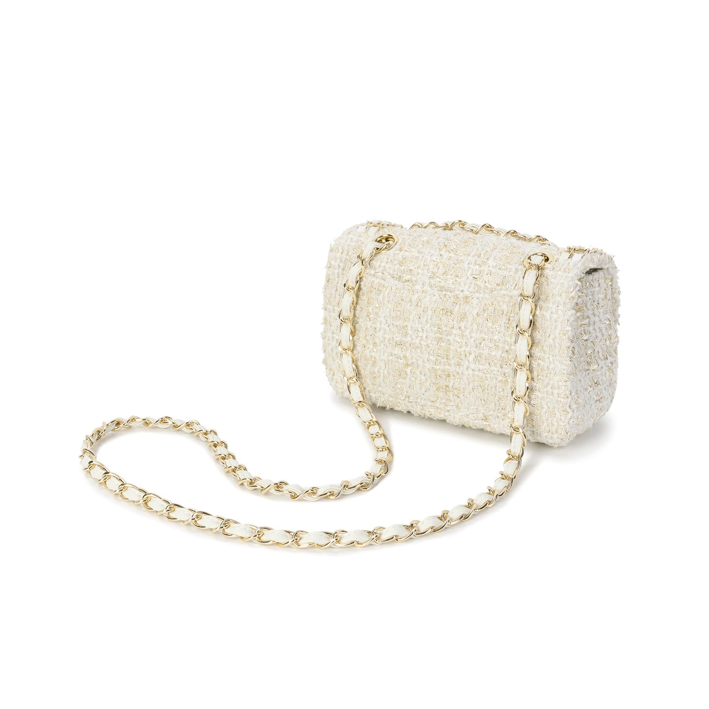 Leather Chain Trimmed Tweed Shoulder Bag