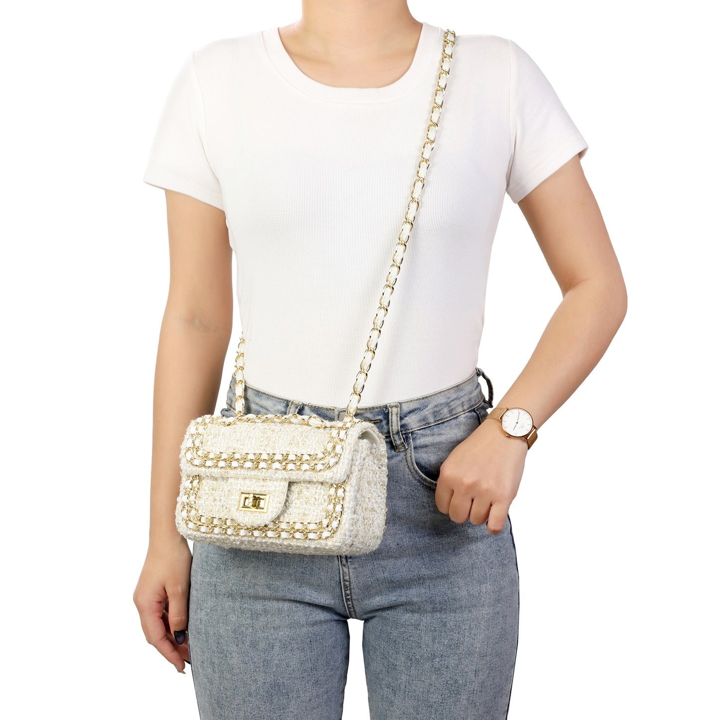 Leather Chain Trimmed Tweed Shoulder Bag