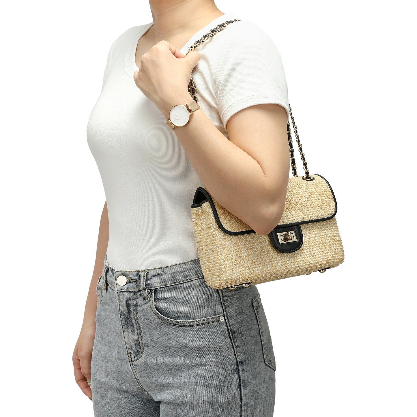 Woven Straw Chain Shoulder Flap Bag