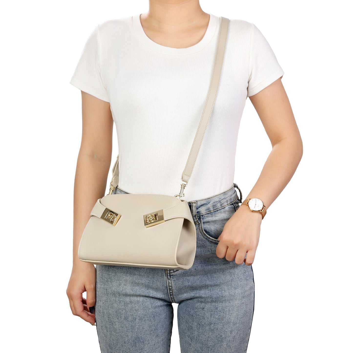 Structured Smooth Leather Lock Shoulder Bag