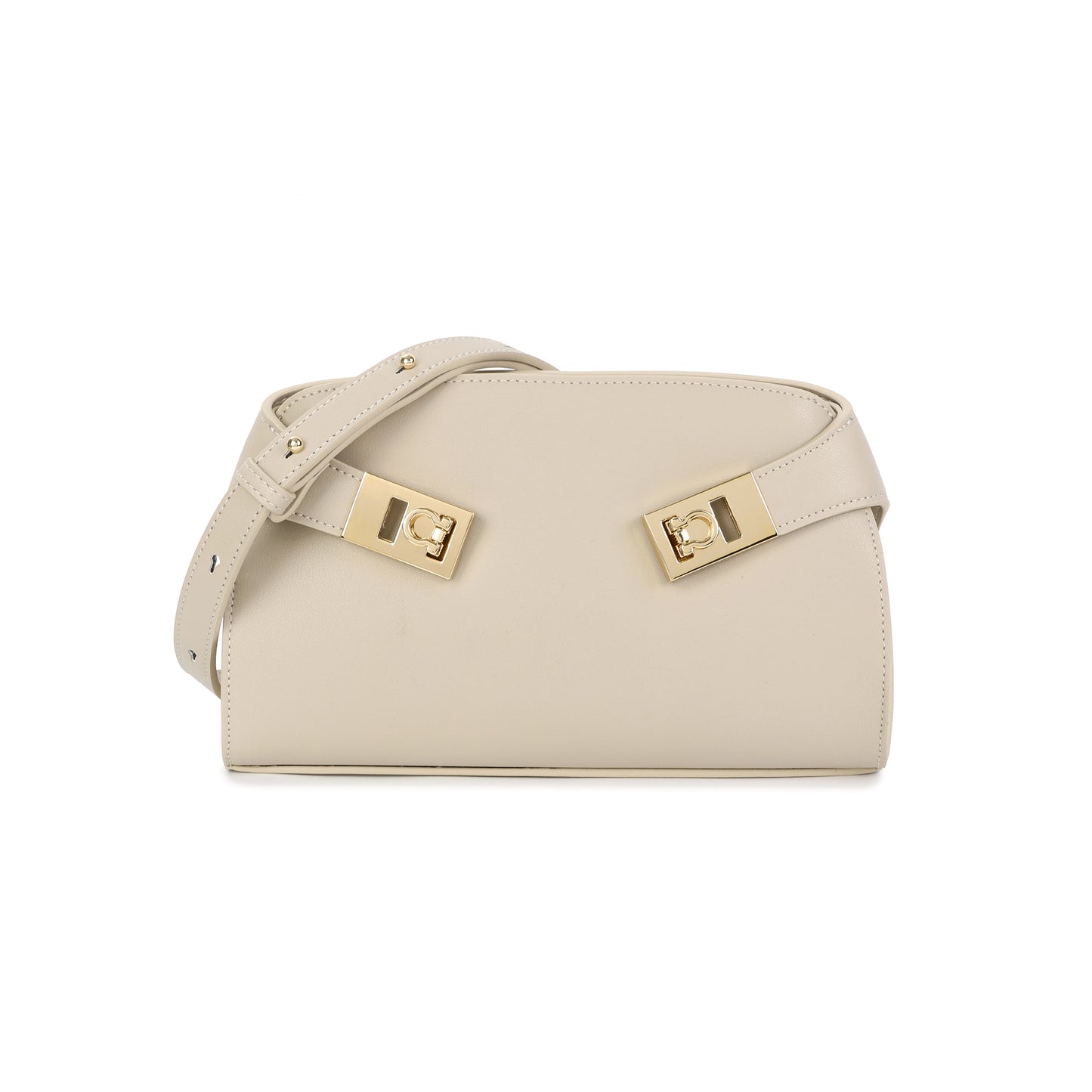 Structured Smooth Leather Lock Shoulder Bag