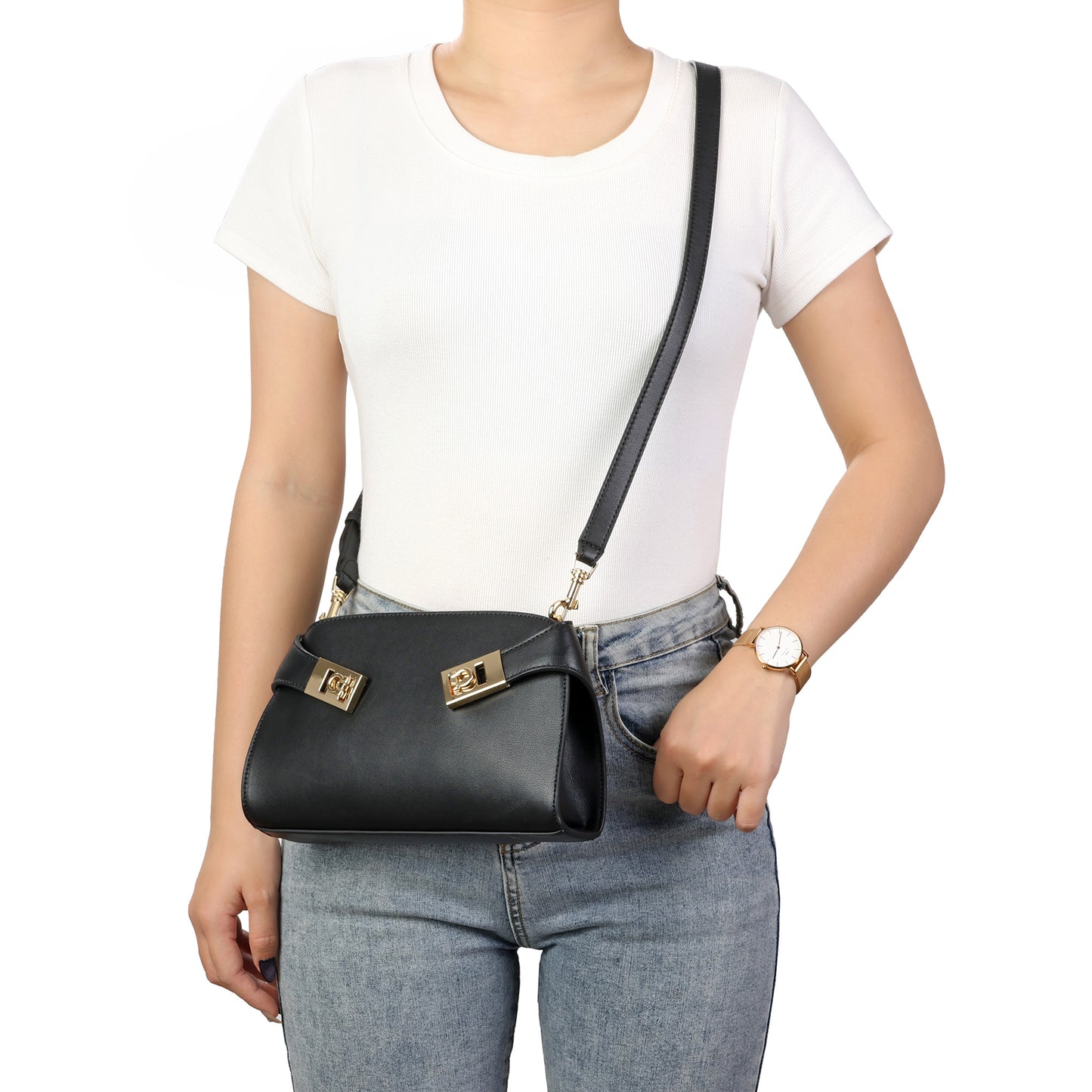 Structured Smooth Leather Lock Shoulder Bag