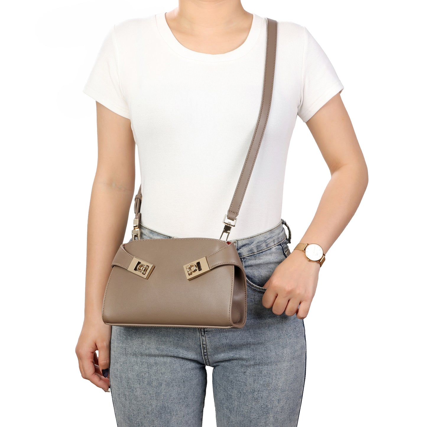 Structured Smooth Leather Lock Shoulder Bag