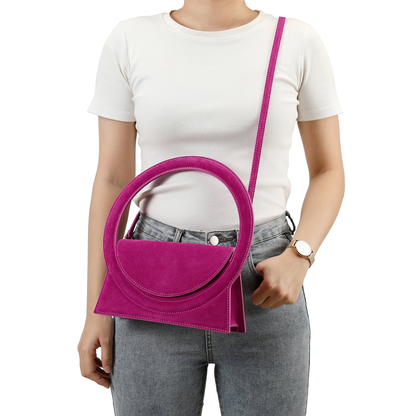 Elegant Circular Handle Suede Bag