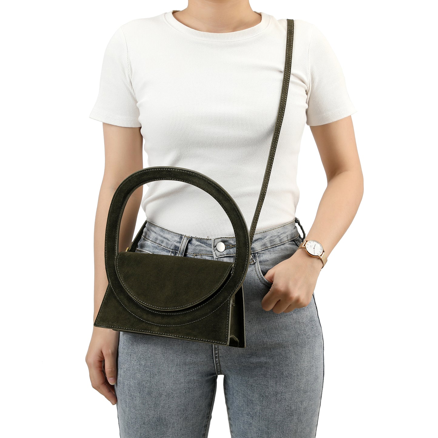 Elegant Circular Handle Suede Bag