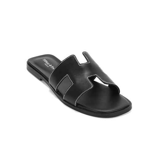 Black Cutout Leather Slide Sandals