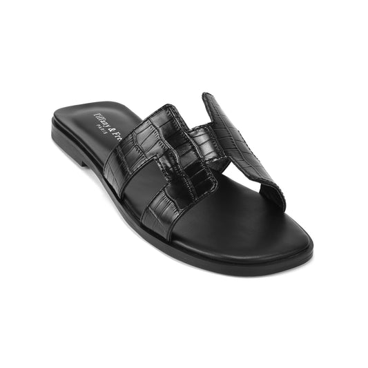 Black Cutout Leather Slide Sandals