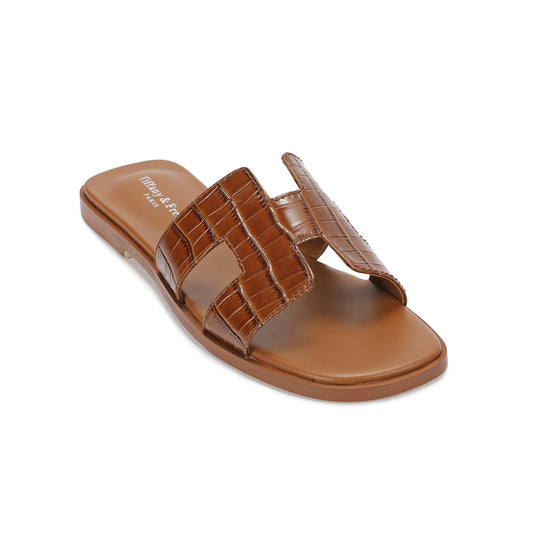 Brown Croco Cutout Leather Slide Sandals