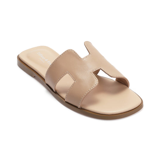 Nude Cutout Leather Slide Sandals